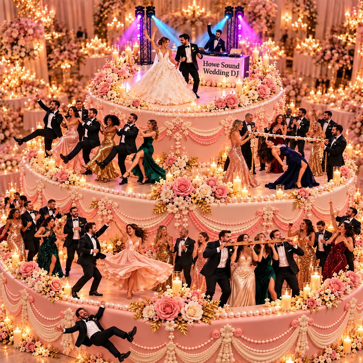 Imagined wedding artwork: a couple and DJ atop a pink wedding cake, guests dancing and playing games below, and a laughing guest dangling from the lowest ledge