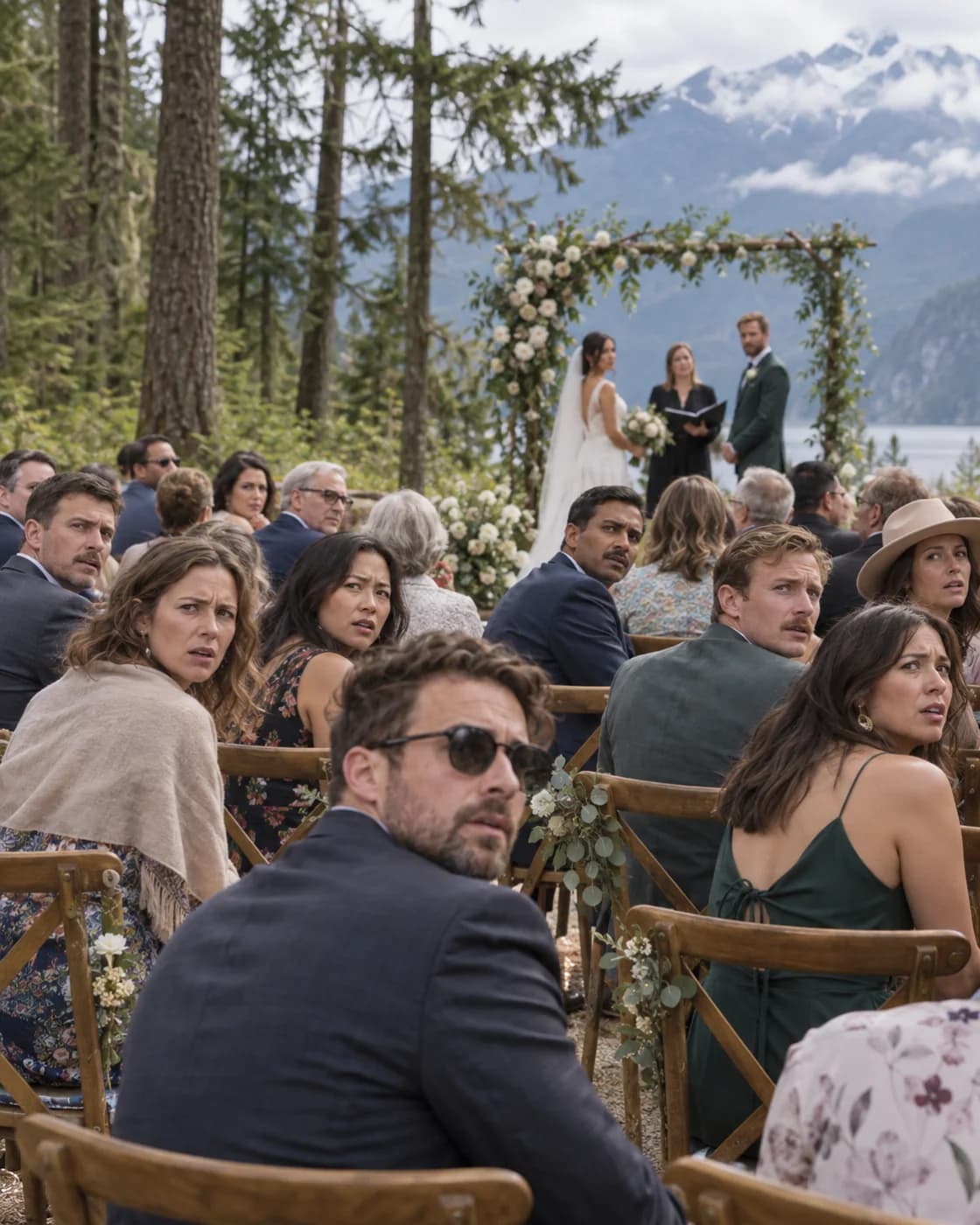 Wedding guests turning around after a microphone problem during a forest ceremony